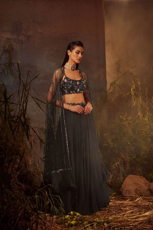 ATHENA Mid night blue embroidered blouse lehenga set Loose Oversized Blouse