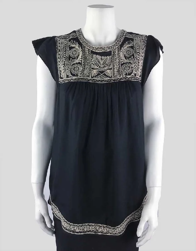 Joie Black Short Sleeved Blouse With Tan Embroidery Accent - Small Wrap Front Blouse