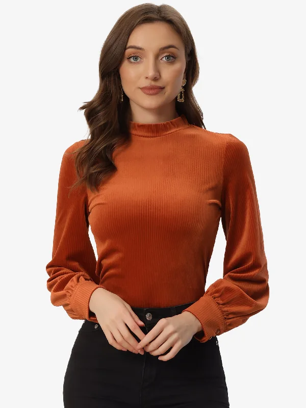 Elegant Velvet Crew Neck Puff Long Sleeve Rib Velour Blouse Smart Casual Blouse