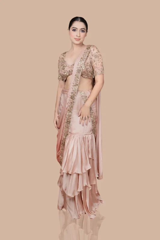 Golden Skirt Saree With Hand Embroidered Blouse And Drape Soft Knit Blouse