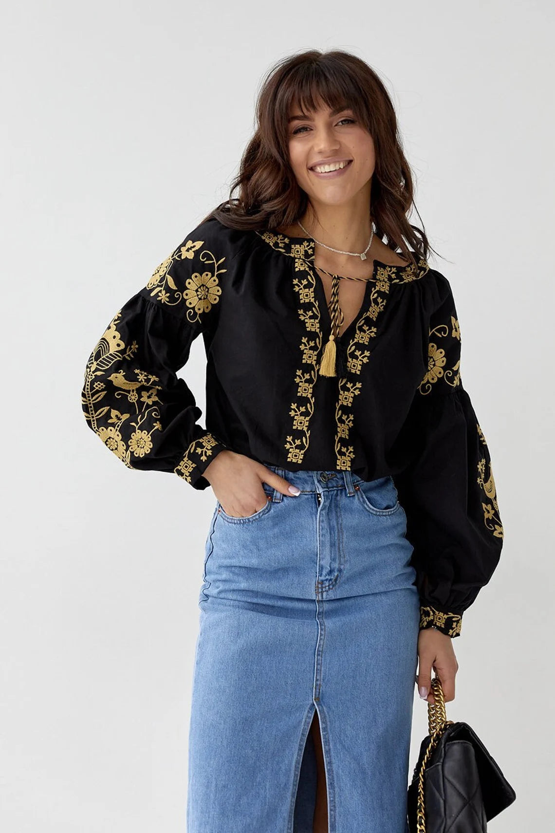 Black Ukrainian Vyshyvanka blouse (Gold ornament) Loose Fit Blouse