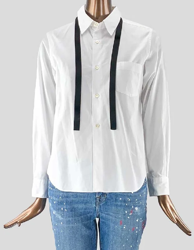 Comme Des Garcons White Blouse With Velvet Tie Small Polished Work Blouse