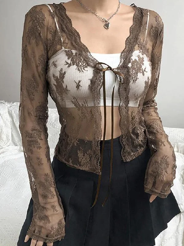 Open Front Lace Long Sleeve Crop Blouse Flowy Bohemian Blouse