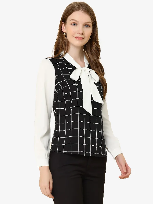 Work Plaid Contrast Color Bow Tie Neck Long Sleeve Blouse Soft Knit Blouse