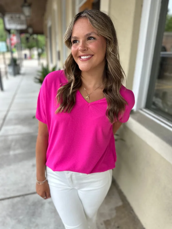 Flowy V Blouse-Hot Pink Modern Oversized Blouse