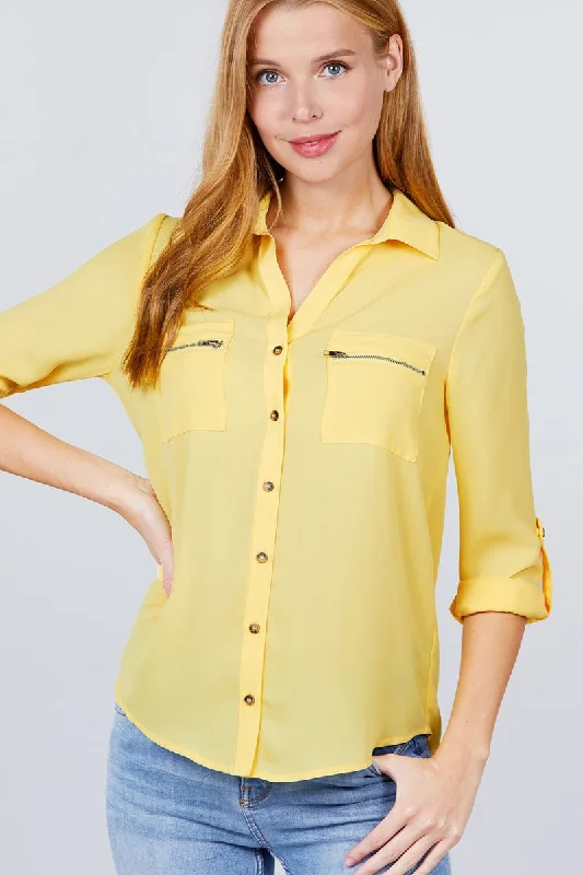 3/4 Roll Up Sleeve Pocket W/zipper Detail Woven Blouse Relaxed Fit Blouse