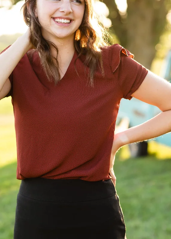 Rust Dotted Flutter Sleeve Blouse - FINAL SALE Embroidered Floral Blouse