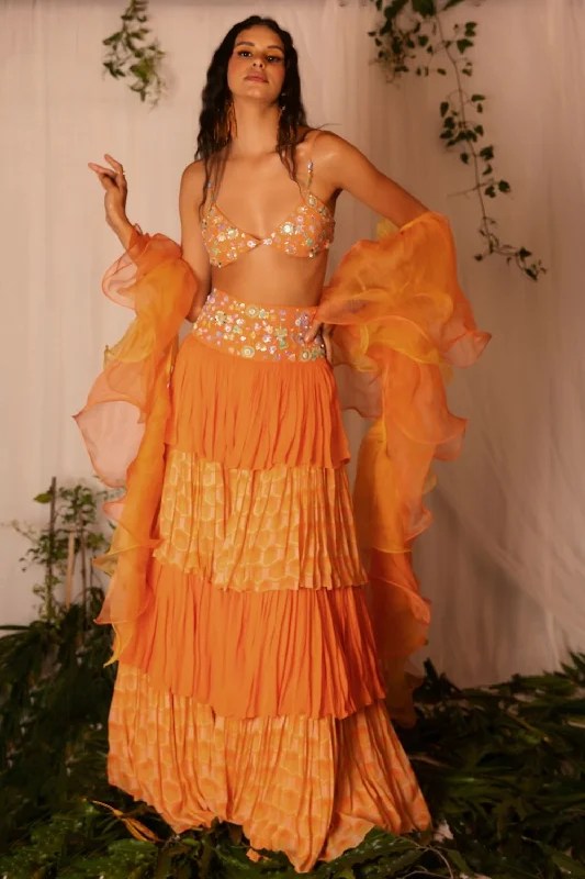 Hand-embroidered Blouse with Hand-embroidered Layered Lehenga and Double Layered Ruffle Dupatta Playful Puff Blouse