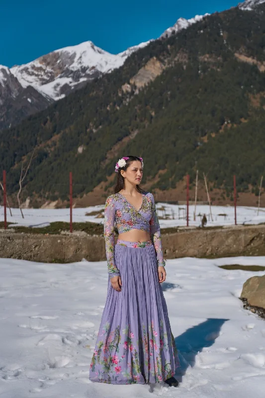 lilac floral hand emdroiderd wrap blouse with pleated lehanga made in georgette fabric Gathered Detail Blouse