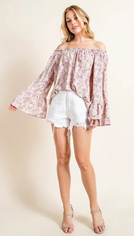 Pale Mauve Off the Shoulder Blouse Feminine Tie Blouse