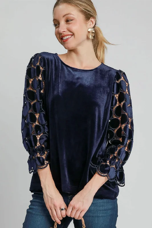 Umgee Polka Dot Lace Long Sleeve Round Neck Blouse In Navy Textured Cotton Blouse