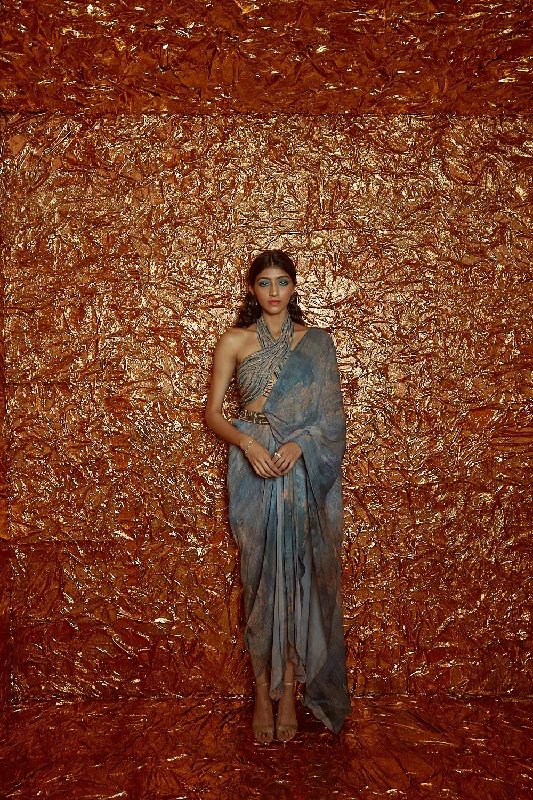 Halter Neck Hand-Embroidered Blouse with Cording detailing, Draped Chiffon Saree and Hand-Embroidered Belt Side Tie Blouse Halter Neck Hand-Embroidered Blouse with Cording detailing, Draped Chiffon Saree and Hand-Embroidered Belt Side Tie Blouse