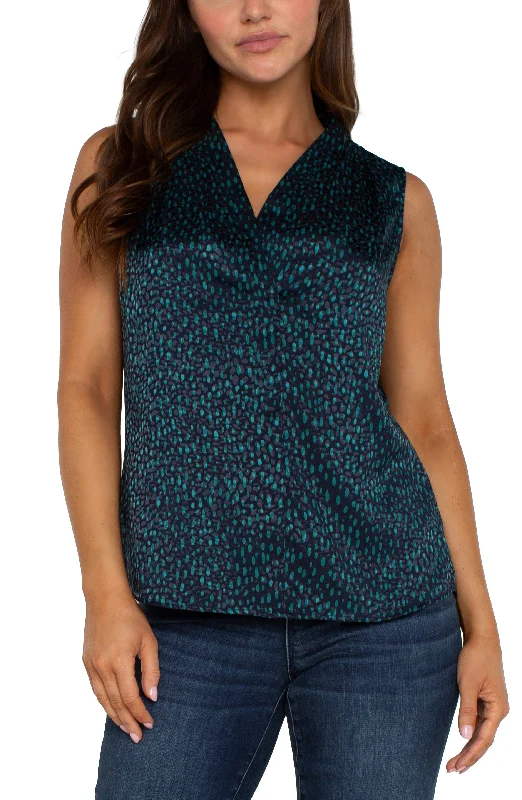 Liverpool Sleeveless Pleated Neck Woven Blouse (Navy Malachite Dot) Elegant Peplum Blouse Liverpool Sleeveless Pleated Neck Woven Blouse (Navy Malachite Dot) Elegant Peplum Blouse