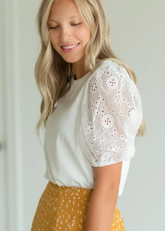 Ivory Lace Puff Sleeve Blouse Stylish Wrap Blouse