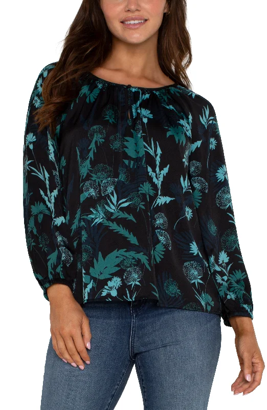 Liverpool Long Sleeve Shirred Woven Blouse (Malachite Foliage) Collared Satin Blouse Liverpool Long Sleeve Shirred Woven Blouse (Malachite Foliage) Collared Satin Blouse