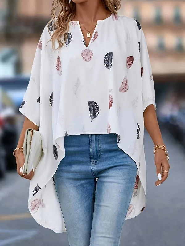 Feather Grace Blouse - Fashionable High Low Hem with Charming Print - Sophisticated Notched Neck & Half Sleeves - Perfect for Spring & Fall - Womens Elegant Wardrobe Staple Feminine Pastel Blouse