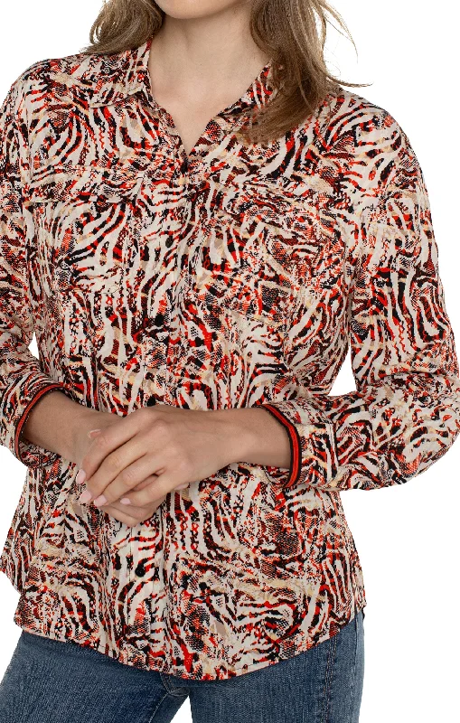 Liverpool Flap Pocket Button Front Woven Blouse (abstract animal) Boho Printed Blouse Liverpool Flap Pocket Button Front Woven Blouse (abstract animal) Boho Printed Blouse