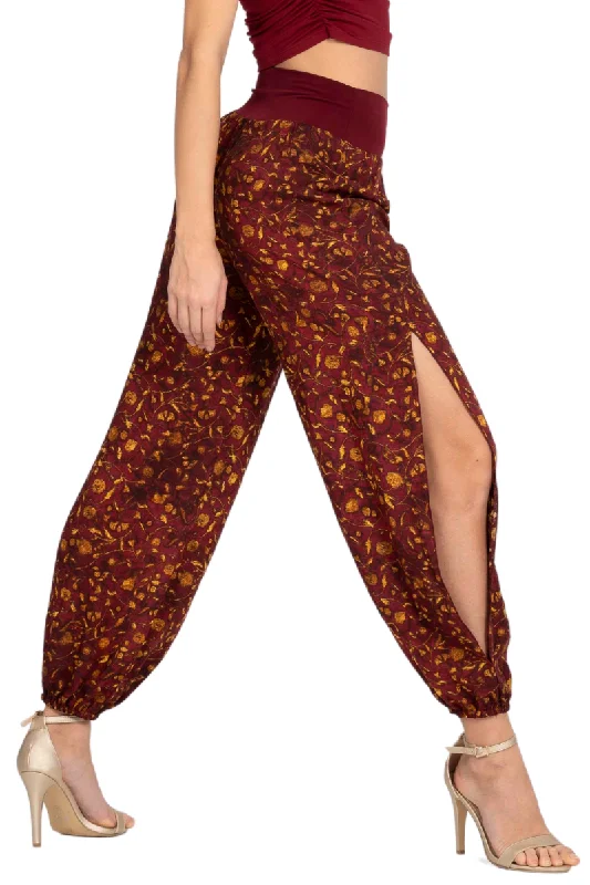 Burgundy Vintage Floral Print Gathered Tango Pants Fashionable Jogger Pants