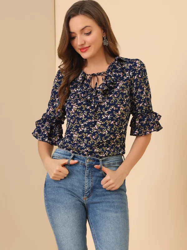 Ruffled Tie Neck Floral Ruffle Half Sleeve Chiffon Blouse Puff Sleeve Blouse