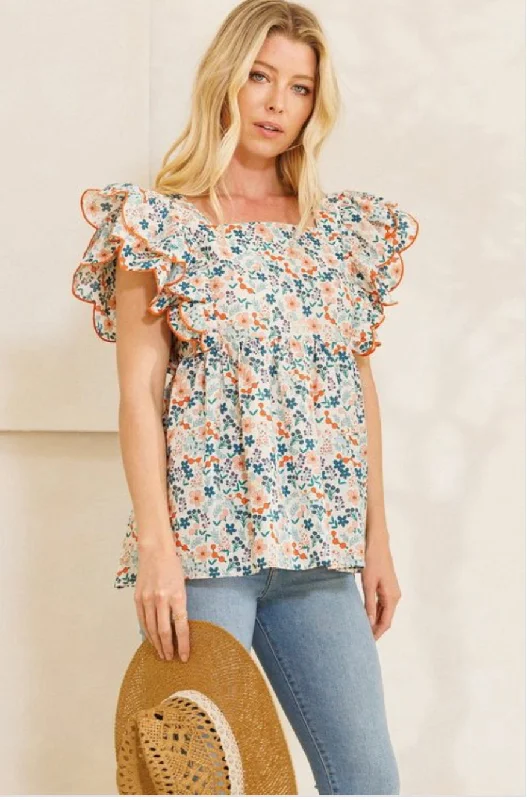 Floral Puppy Woven Babydoll Blouse Slim Fit Blouse