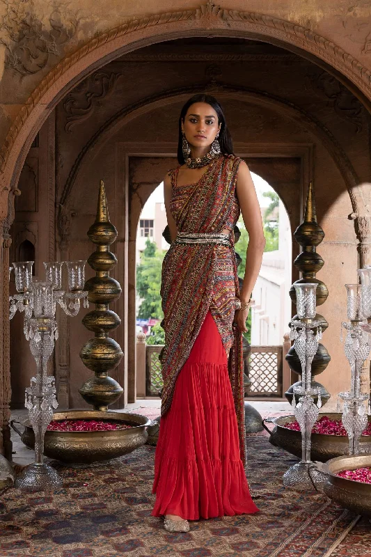 Red Printed Sharara Saree with Blouse and Belt Feminine Puff Blouse