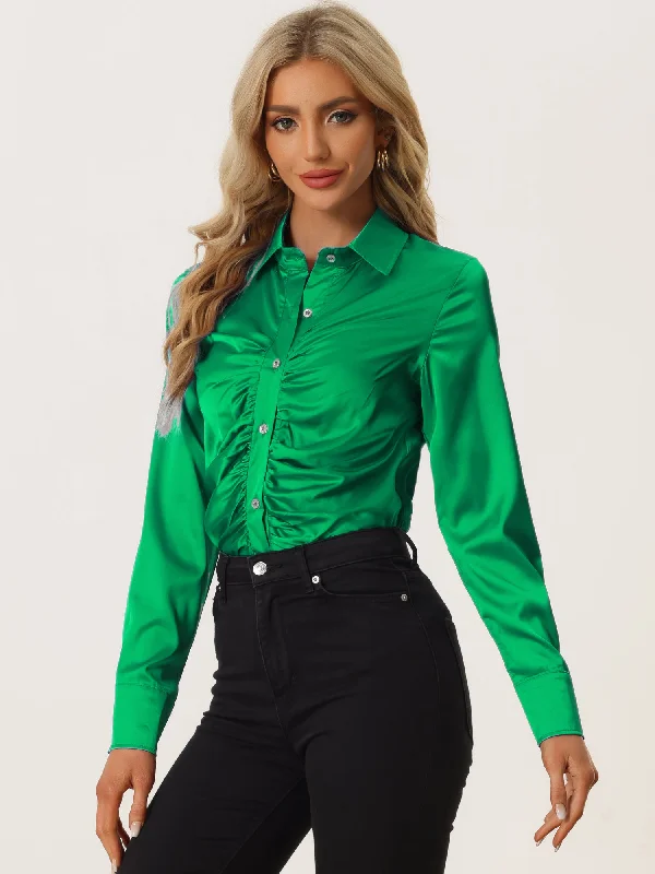 Women's Satin Blouse Long Sleeve Point Collar Fashion Button Up Shirt Stylish Wrap Blouse