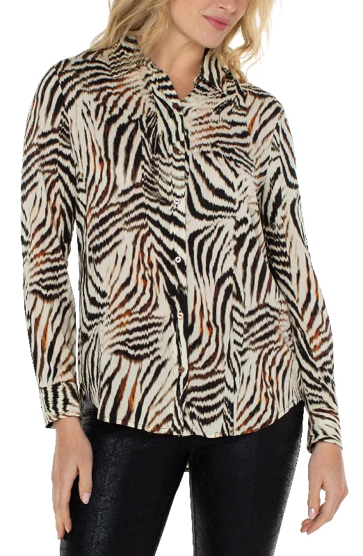Liverpool Button Front Woven Blouse (allover patchwork animal print) Chic Sleeveless Blouse Liverpool Button Front Woven Blouse (allover patchwork animal print) Chic Sleeveless Blouse