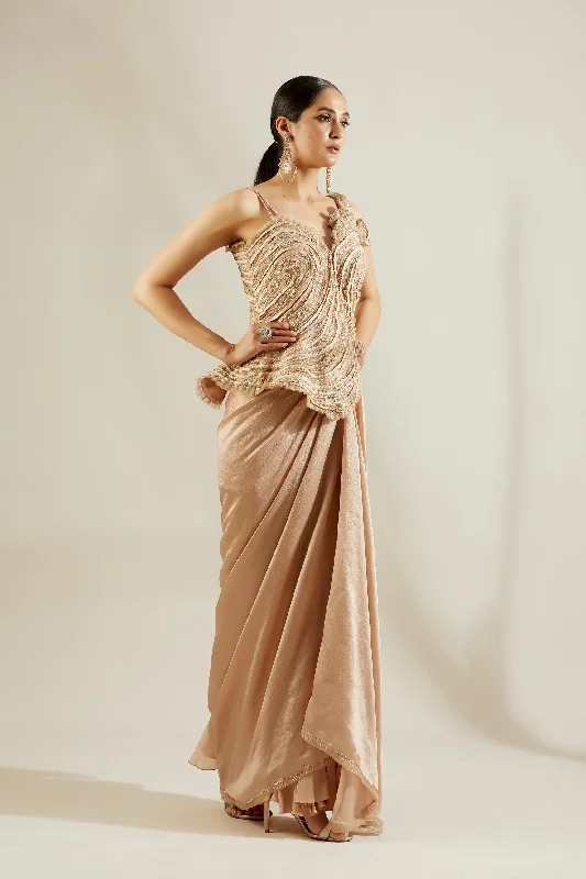 Tuscany Gold Peplum Blouse with Dhoti Soft Satin Blouse
