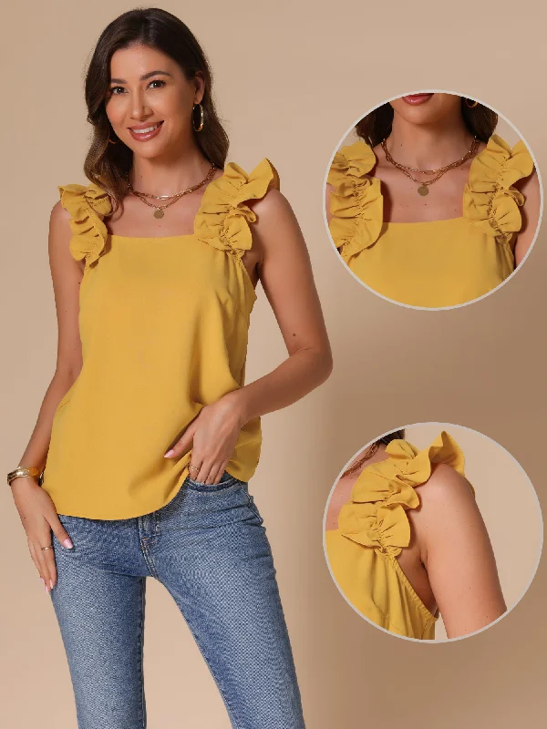 Sleeveless Ruffle Trim Square Neck Solid Casual Blouse Chic Ruffle Blouse