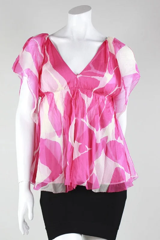 Diane Von Furstenberg Short Sleeve Pink And White Blouse V-Neck Front And V Back Size 0 Boho Printed Blouse