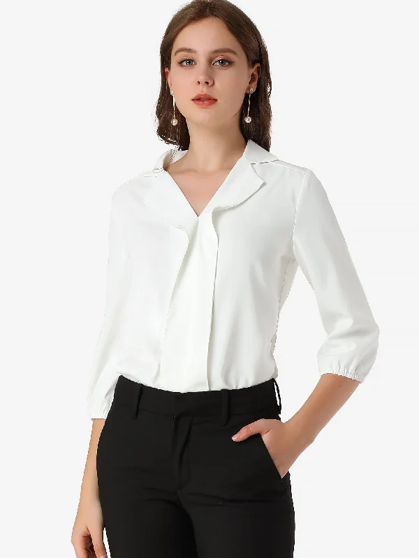 V Neck 3/4 Sleeve Collared Work Office Top Blouse Embroidered Cotton Blouse