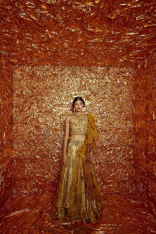 Hand-Embroidered Halter Neck Blouse, Double Flared Mustard Lurex Printed Lehenga with Hand-Embroidered Yoke and Double Layered Organza Dupatta Romantic Lace Blouse Hand-Embroidered Halter Neck Blouse, Double Flared Mustard Lurex Printed Lehenga with Hand-Embroidered Yoke and Double Layered Organza Dupatta Romantic Lace Blouse