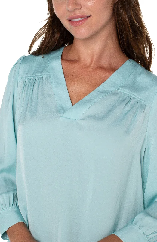 Liverpool V-Neck Popover Woven Blouse (Pastel Turquoise) Embroidered Cotton Blouse
