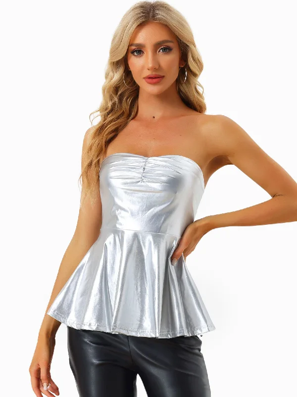 Strapless Tube Top Shiny Metallic Party Clubwear Peplum Blouse Ruffled Neck Blouse