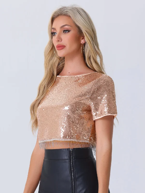 Sequin Glitter Short Sleeve Tassel Cropped Blouse Sheer Sleeve Blouse