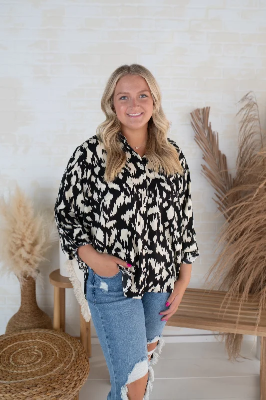 Funky Black & Ivory Button Up Blouse Soft Modal Blouse