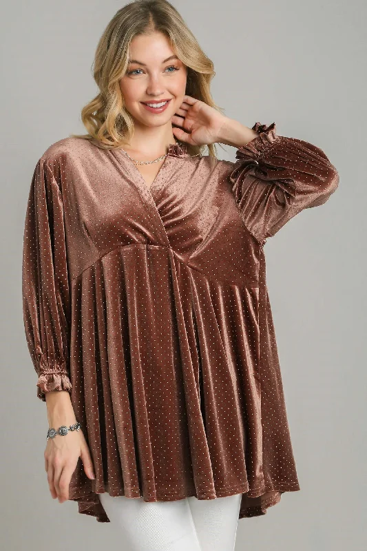 Umgee Beaded Frill Flounce Sleeve Velvet Babydoll Blouse In Brown Classic Striped Blouse