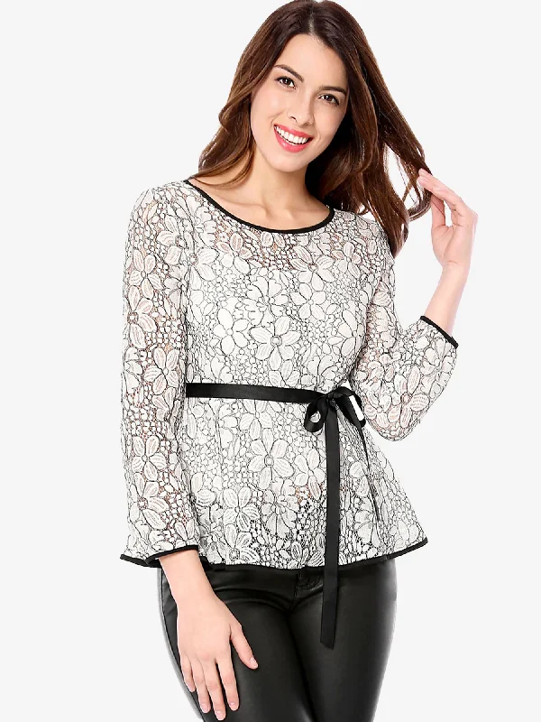 Elegant Tie Waist Long Sleeve Top Lace Peplum Blouses Side Tie Blouse