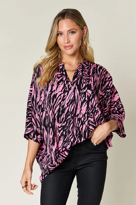 Double Take Full Size Printed Notched Three-Quarter Sleeve Blouse Sheer Sleeve Blouse