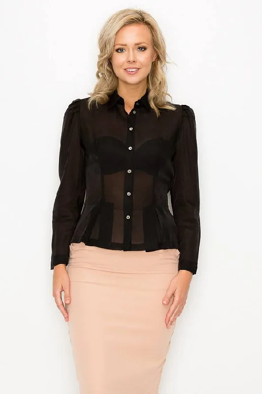 Organza Pleated Long Sleeve Blouse High Neck Blouse