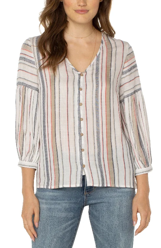 Liverpool 3/4 sleeve button from peasant blouse (multi color stripe) Puff Sleeve Blouse