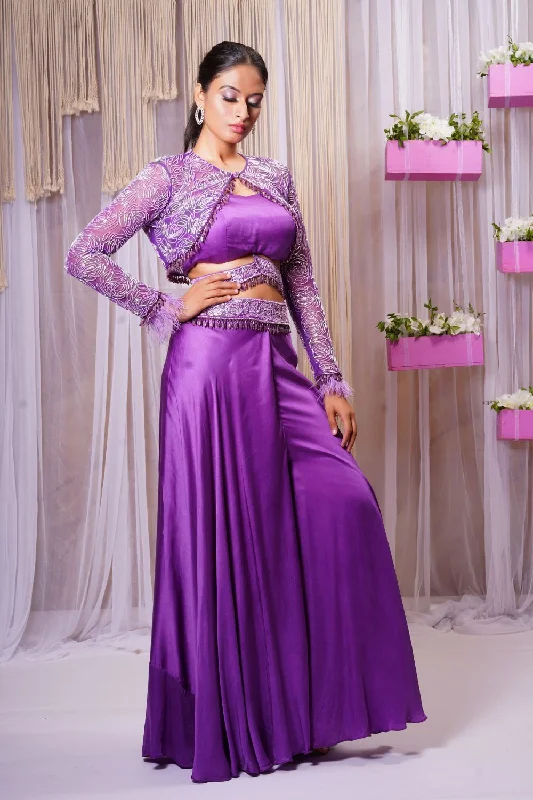 4 PIECE HANDEMBROIDERED SHORT SHRUG WITH SHARARA BLOUSE AND BELT Embellished Collar Blouse