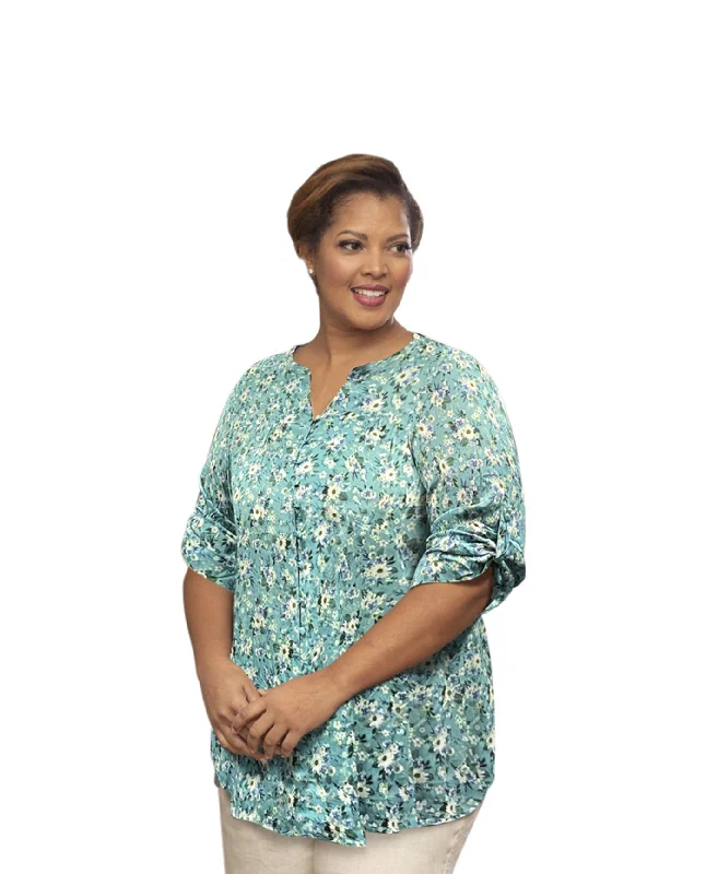 On The Plus Side Printed 3/4 Sleeve Mandarin Roll Button Top Sabrina Plus Size Blouse Peter Pan Collar Blouse On The Plus Side Printed 3/4 Sleeve Mandarin Roll Button Top Sabrina Plus Size Blouse Peter Pan Collar Blouse