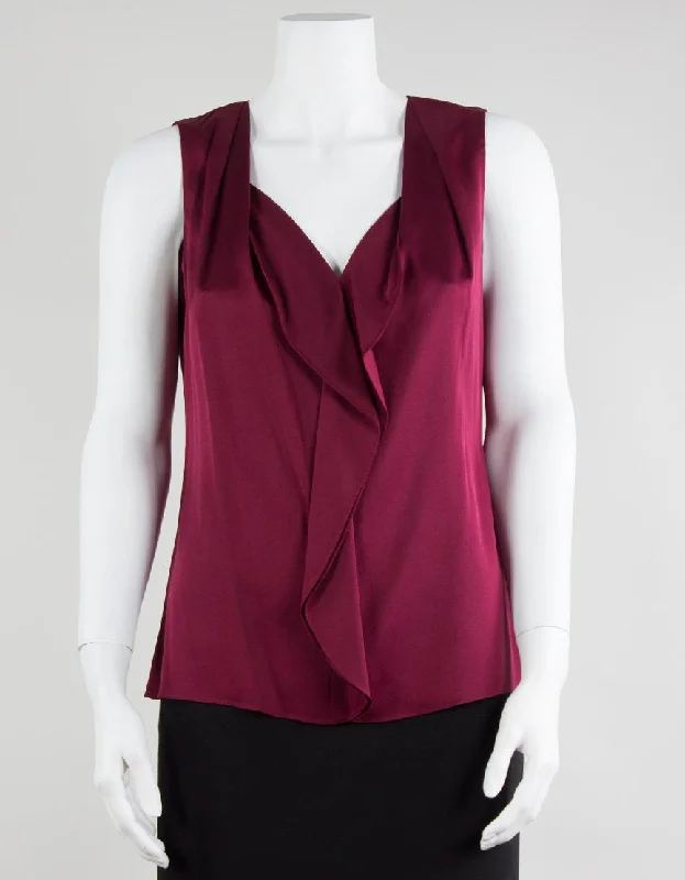 Elie Tahari Sleeveless V-Neck Blouse With Front Ruffles Size Small Satin Long Blouse