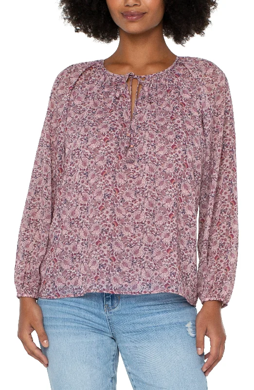 Liverpool Double Layer L/S Shirred Blouse w Neck Ties (Wldflwr Dtsy) Sheer Mesh Blouse