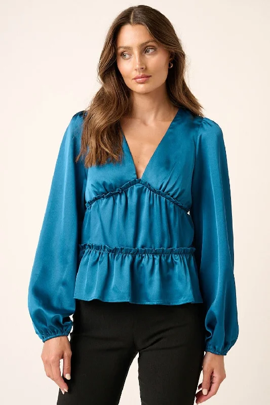 Mittoshop Satin V Neck Ruffled Tier Blouse In Teal Delicate Pleat Blouse