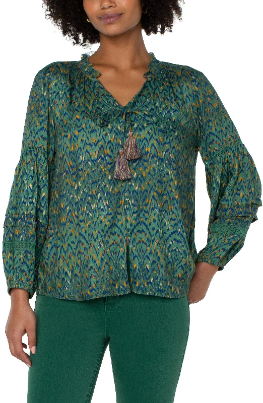 Liverpool Long Sleeve Popover Shirred Blouse (Emerald Ikat) Lightweight Tunic Blouse