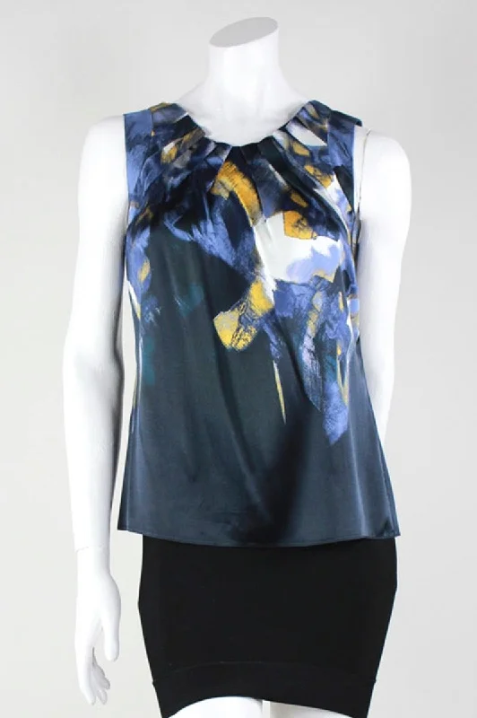 Elie Tahari Blue And Yellow Abstract Print Sleeveless Blouse With Pleated V-Neckline Size's P Pastel Color Blouse