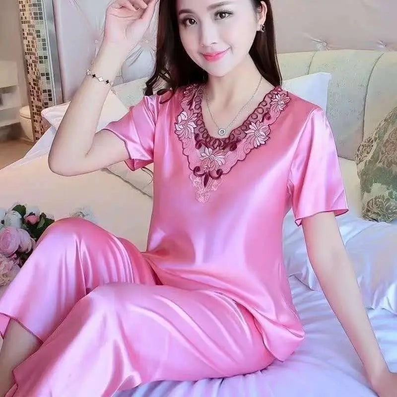 Summer Short Sleeve V-neck Women Pajamas Set Large Size Lace Home Clothes Imitation Silk Nightwear Pants Sleepwear Suit M-3XL Classic Straight-Leg Pants