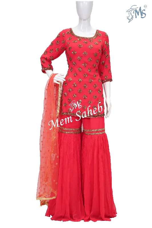 Indo Western Tomato Pink Pure Crape Short Top with Gharara Pant Fashionable Button-Up Pants Indo Western Tomato Pink Pure Crape Short Top with Gharara Pant Fashionable Button-Up Pants